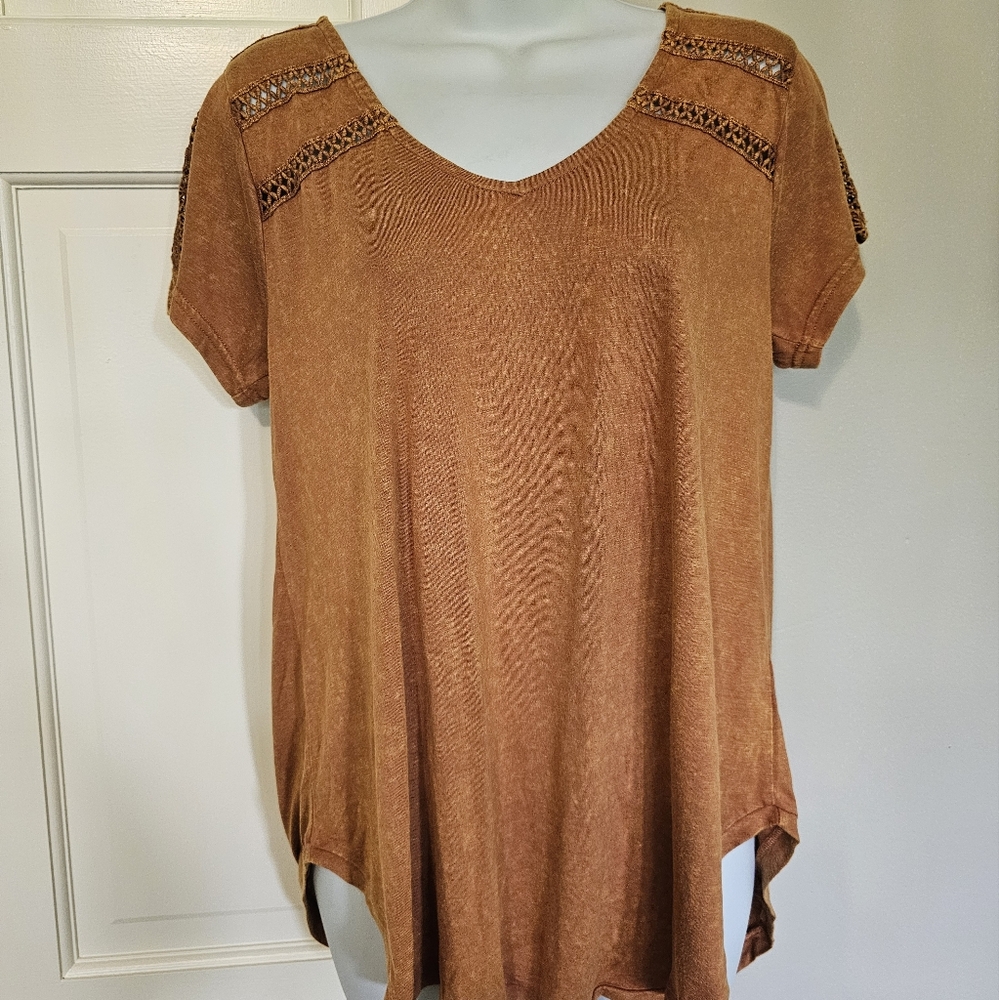 Kori Tan Asymmetrical Blouse with Relaxed Short Sleeves